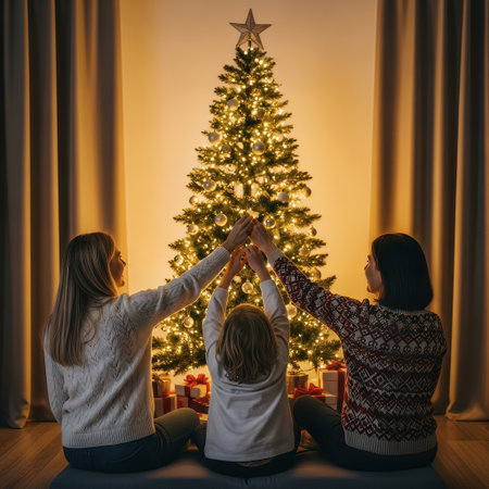 A family sits in front of a beautifully decorated Christmas tree, hands joined in a gesture of togetherness. The warm lights create a cozy and festive atmosphere, celebrating the holiday season.の素材