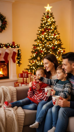 A happy family shares a warm, cozy moment during Christmas Eve. They are sitting on a sofa, holding mugs, and watching the festive lights of the decorated Christmas tree and fireplace.の素材