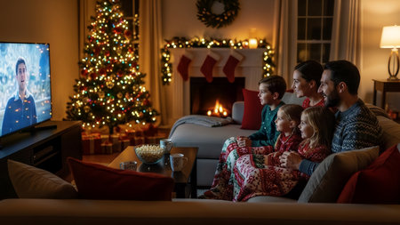 A happy family enjoys a cozy Christmas movie night at home. Parents and children gather on the sofa, watching television and sharing popcorn in a festive living room with holiday decorations.の素材