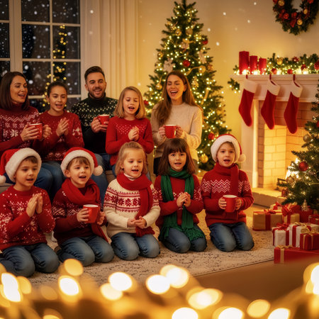 A happy family, including adults and children, sings Christmas carols together in a festively decorated living room. They are enjoying a warm and cozy winter celebration at home.の素材