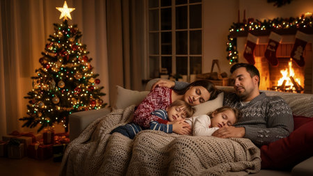 A family of four sleeps peacefully on a comfortable sofa, wrapped in a cozy blanket. A warm Christmas setting is enhanced by a festive tree with lights and a glowing fireplace, creating a serene holidの素材