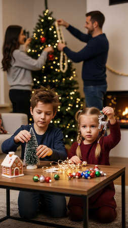 A happy family enjoys decorating their Christmas tree and home for the festive season. Two children kneel on the floor, surrounded by ornaments and lights, preparing for the holidays.の素材