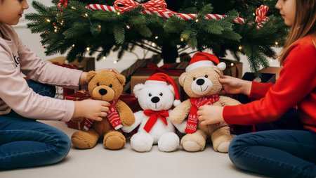 Two children play with festive teddy bears under a beautifully decorated Christmas tree, surrounded by holiday gifts. This heartwarming scene captures the joy and innocence of childhood during the fesの素材