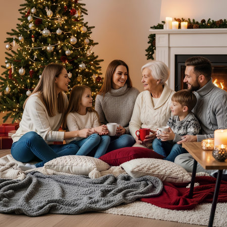 An intergenerational family enjoys a cozy Christmas gathering at home. They sit on the floor by a decorated Christmas tree and fireplace, sharing warm drinks and smiles.の素材