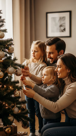 A happy family, including parents and two young daughters, joyfully decorates a Christmas tree together at home. This heartwarming scene captures the festive spirit and a cherished holiday tradition.の素材