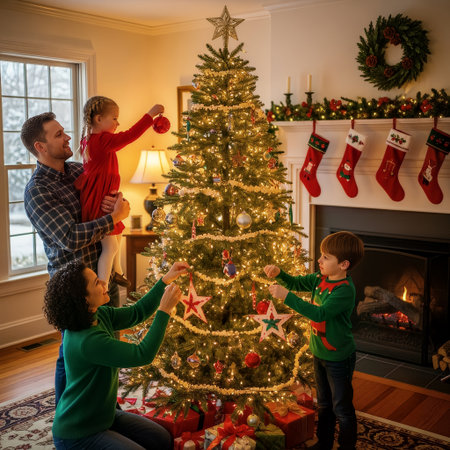 A joyful family collaboratively decorates their festive Christmas tree in a warm, cozy living room. Parents and children hang colorful ornaments, celebrating the holiday season together.の素材