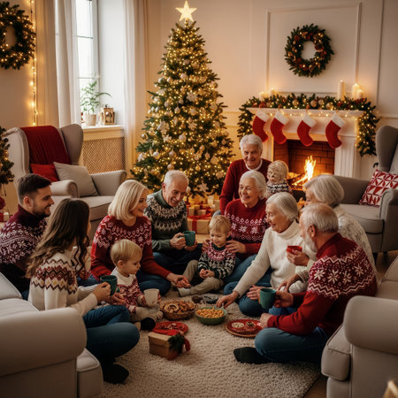 A multi-generational family enjoys a joyful Christmas gathering in a cozy living room. They share snacks and drinks, celebrating the holiday season together at home.の素材