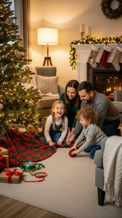 A happy family, including parents and two young children, gathers around a festive Christmas tree in their cozy living room. They are enjoying holiday moments together, surrounded by warm lights and sの素材
