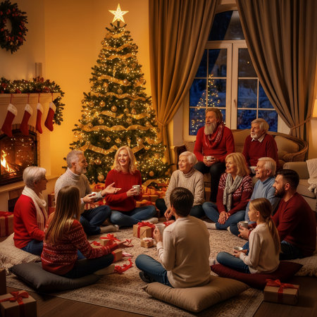 A multi-generational family gathers around a lit Christmas tree and fireplace, exchanging gifts and sharing joyful conversation during the holidays. The warm and cozy home atmosphere creates a perfectの素材