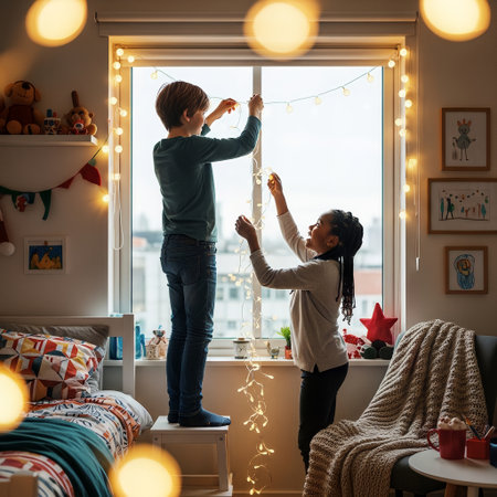 Two happy children are cooperatively decorating a window in their home with glowing string lights. The warm illumination creates a cozy and festive atmosphere for the season.の素材