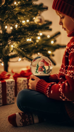 A child sits by a glowing Christmas tree, holding a magical snow globe with a snowman inside. Wrapped presents are visible in the warm, festive setting, capturing the joy and wonder of the holiday seaの素材