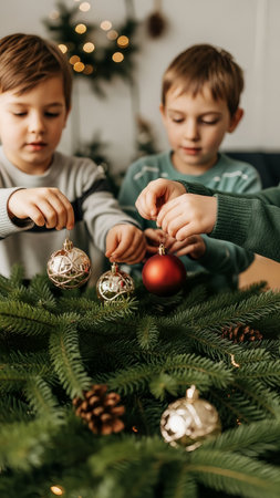 Young boys are carefully decorating Christmas branches with festive ornaments. This joyful holiday activity highlights childhood fun and family traditions.の素材