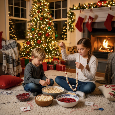 A brother and sister enjoy a warm evening at home, making beautiful popcorn and cranberry garlands. This festive activity takes place in a beautifully decorated living room with a glowing fireplace.の素材