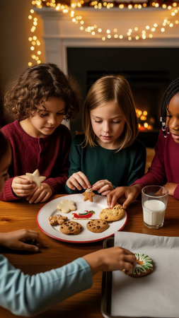 Four young children gather around a table, enthusiastically decorating festive Christmas cookies. The warm, cozy atmosphere creates a delightful holiday baking scene, emphasizing childhood joy and togの素材