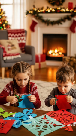 Two young children are focused on making colorful paper snowflakes at a table during the Christmas season. The cozy living room background with festive decorations and a warm fireplace adds to the holの素材