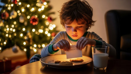 A little boy in pajamas prepares for Christmas Eve, intently reading a note while leaving cookies and milk by a glowing Christmas tree. This cozy, festive scene captures the magic and anticipation ofの素材