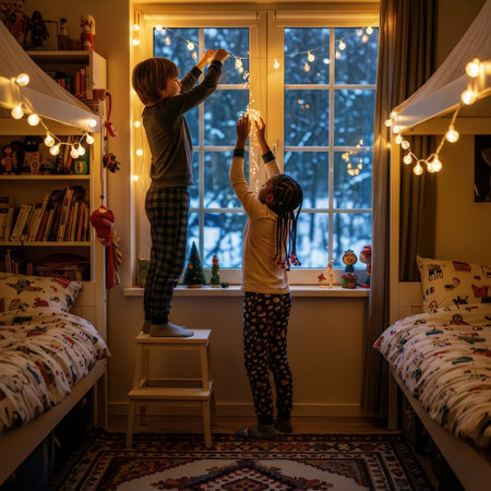 Two children are hanging festive string lights on a window in a warm, cozy bedroom. The wintry scene outside contrasts with the illuminated interior, creating a peaceful evening atmosphere.の素材