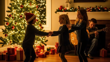 Three happy children dance together in front of a glowing Christmas tree, surrounded by festive gifts. A man plays an acoustic guitar, adding to the warm and cheerful family celebration.の素材