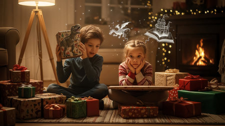 A boy and girl are surrounded by Christmas presents in a warm, festive room, captivated by imaginary tales. Their expressions reflect the magic of storytelling and the excitement of holiday gifts.の素材