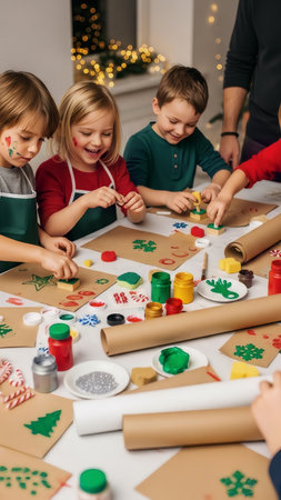 A group of happy children are engaged in festive Christmas crafting, eagerly stamping holiday patterns onto brown paper with paint. This creative activity fosters joy and family togetherness during thの素材