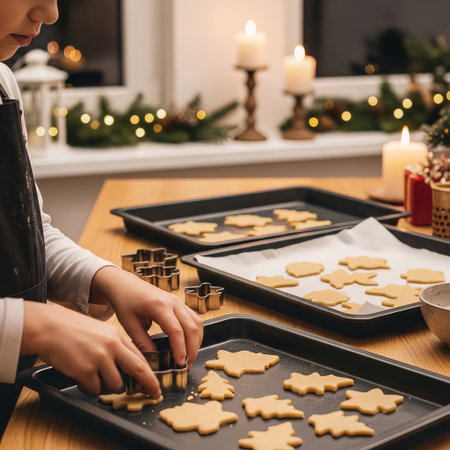 A child's hands carefully press a cookie cutter into dough on a baking sheet, surrounded by warm holiday decorations. Festive Christmas cookies are being prepared for baking in a cozy home environmentの素材