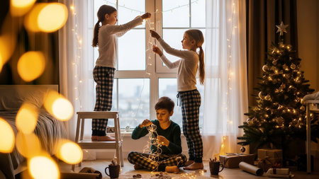 Three joyful children in pajamas decorate their cozy home for Christmas, hanging string lights and arranging gifts by a beautifully lit tree. The scene captures a warm, festive holiday atmosphere.の素材