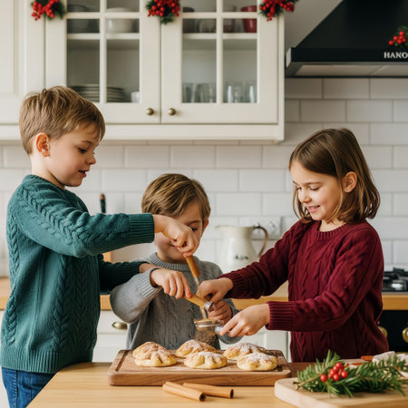 Three joyful children decorate freshly baked holiday pastries in a cozy kitchen. They are carefully sprinkling powdered sugar or cinnamon, creating a festive atmosphere.の素材