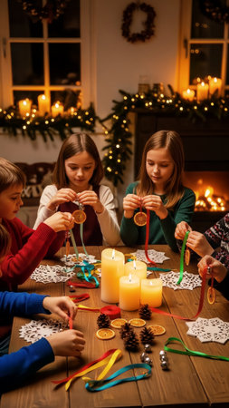 Children enjoy crafting handmade Christmas ornaments around a cozy table. The festive scene is illuminated by candlelight and the warm glow of a fireplace, creating a heartwarming winter holiday atmosの素材