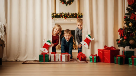 Three happy young boys peek out from behind curtains, surrounded by Christmas presents and a decorated tree. They share a moment of festive anticipation during the holiday season.の素材