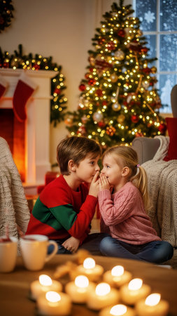 A boy and girl share a secret whisper by a beautifully decorated Christmas tree. The cozy scene features festive lighting and warm holiday ambiance, creating a precious childhood moment.の素材