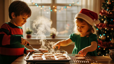 Two young children are baking fresh Christmas cookies in a festive kitchen. They are eagerly placing warm holiday treats onto a cooling rack, surrounded by holiday decorations.の素材