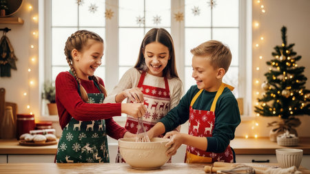 Three happy children joyfully bake holiday cookies in a festive Christmas kitchen. Covered in flour, they smile and laugh together, making memorable family traditions.の素材