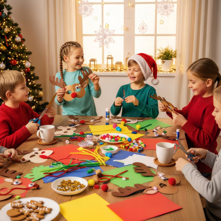 A group of happy children are engaged in crafting Christmas reindeer masks at a festive table. They are smiling and enjoying a creative holiday activity together.の素材