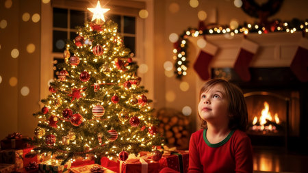 A young child in pajamas looks up with awe at a brightly decorated Christmas tree, surrounded by presents. A warm fireplace glows in the background, creating a cozy holiday atmosphere.の素材