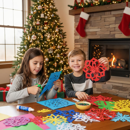 Children joyfully create colorful paper snowflakes, surrounded by festive Christmas decorations including a lit tree and a warm fireplace. This scene captures a fun and creative winter crafting activiの素材