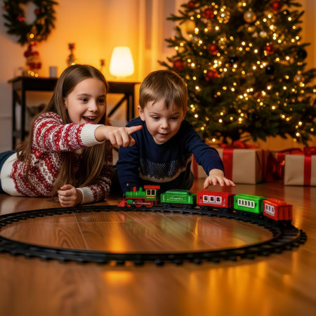 Two happy children are playing with a toy train set on the floor in front of a brightly lit Christmas tree. They are wearing festive sweaters, enjoying the holiday spirit and creating cherished memoriの素材