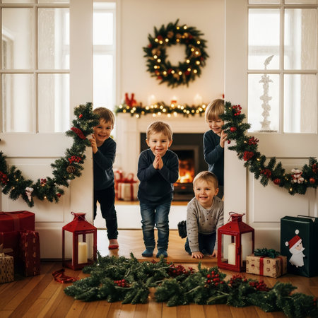 Four happy boys celebrate Christmas in a festively decorated home. They are smiling and peeking playfully amidst holiday garlands and gifts.の素材