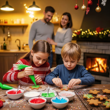 Two happy children decorate gingerbread cookies with colorful icing and sprinkles. Their parents watch lovingly in a warm, festive home during the Christmas season.の素材