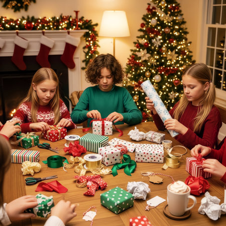 Young children are gathered around a wooden table, diligently wrapping colorful Christmas presents and tying ribbons. The festive scene features a decorated tree and mantelpiece, creating a warm and jの素材