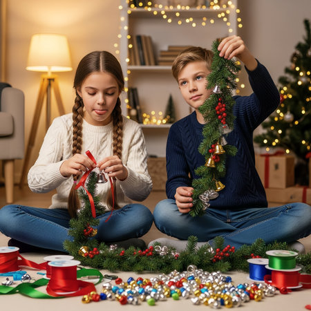 Two happy children are sitting on the floor, making a festive Christmas garland with bells and ribbons. They are enjoying the holiday crafting process in a cozy home setting, preparing for the festiveの素材