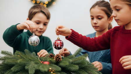 Three happy children are focused on decorating a festive Christmas tree. They carefully hang colorful holiday ornaments, enjoying a joyful family activity.の素材
