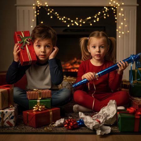 Young children show expressions of surprise while unwrapping holiday presents. The festive scene takes place in front of a warm, decorated fireplace.の素材