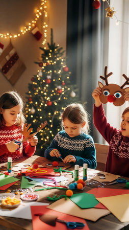 Three young girls enjoy a festive crafting session, making Christmas decorations and reindeer masks. They are engaged in a creative activity at a wooden table filled with supplies.の素材