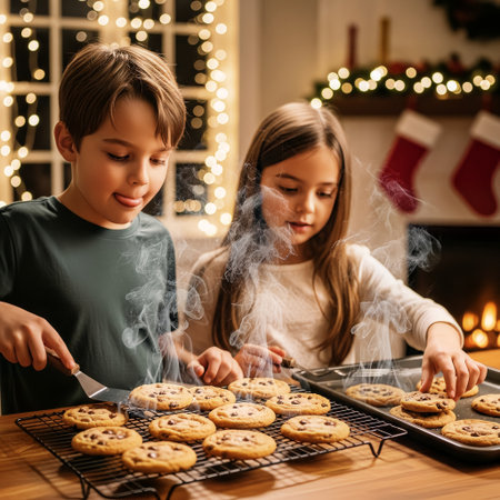 Two happy children are busy baking and handling fresh, warm chocolate chip cookies on a festive Christmas evening. The delicious treats are steaming, creating a cozy and joyful atmosphere.の素材