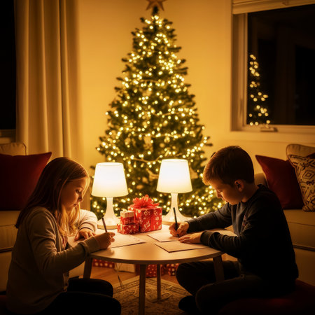 Two children are focused on writing letters or wishes at a small table. A brightly lit Christmas tree and wrapped gifts create a cozy, festive holiday atmosphere in the warm light of evening.の素材
