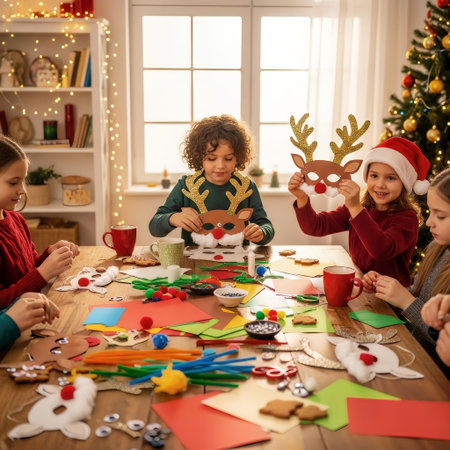 A group of happy children are gathered around a wooden table, diligently creating festive reindeer masks with various colorful craft supplies. This joyful activity captures the spirit of Christmas holの素材