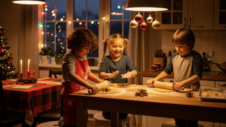Three happy children are actively baking Christmas cookies in a cozy, decorated kitchen. They are having fun preparing treats together during the festive holiday season.の素材