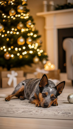 An Australian Cattle Dog lies peacefully on a rug in a cozy living room, illuminated by the warm glow of a decorated Christmas tree and presents. This festive scene captures the holiday spirit.の素材