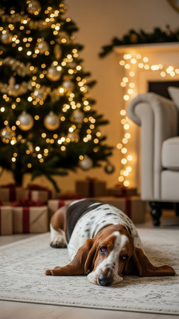 A sweet Basset Hound dog lies on a rug in a cozy living room adorned with Christmas decorations and warm lights. The festive home setting creates a peaceful, comfort holiday atmosphere for the relaxedの素材