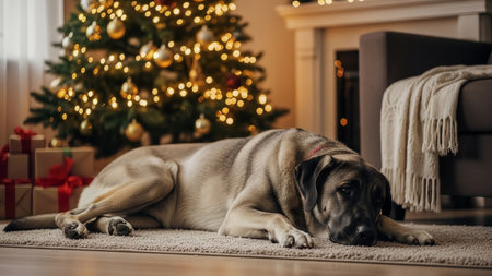 A large dog lies peacefully on a rug in a cozy living room. A beautifully decorated Christmas tree with warm lights and wrapped gifts creates a festive atmosphere.の素材